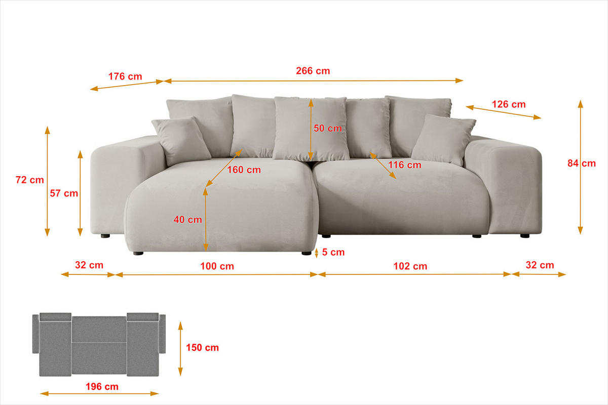 ECKSOFA Ottomane links ESKAR-L 266x176x84 Hellbraun Velours - Hellbraun/Schwarz, Holzwerkstoff/Kunststoff (266/176cm) - ALTDECOR