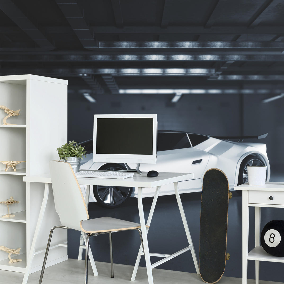 FOTOTAPETE für Jugendzimmer Weißes Sportwagen Untergrundgarage Modern 150x105 - Schwarz/Weiß, Papier (150/105cm) - Muralo