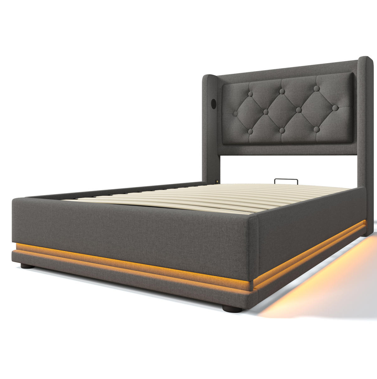 POLSTERBETT mit LED-Beleuchtung 90/200 cm mit Bettkasten, USB-C und Kopfteil - Grau, Textil (90/200cm) - BEAOK