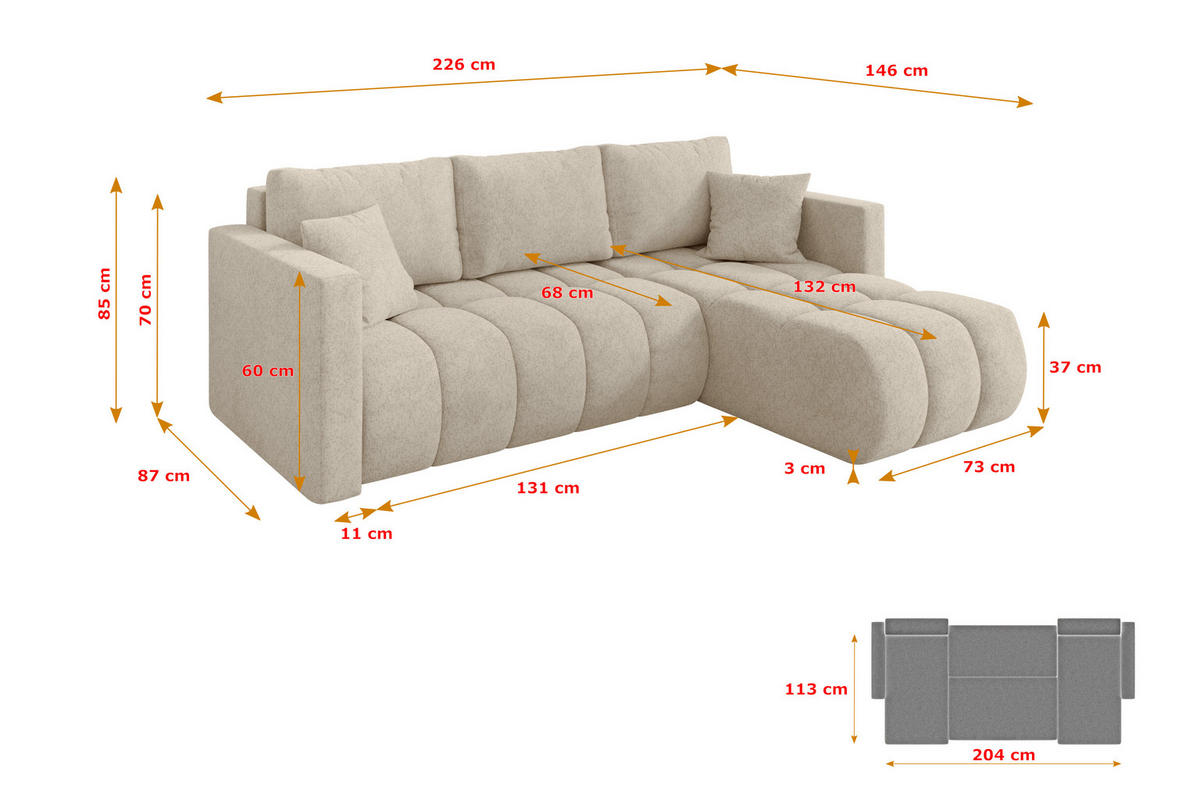 ROHOVÁ SEDAČKA s funkcí spaní, otoman vpravo GARD-L 226x146x85 krémová velur - černá/krémová, kompozitní dřevo/textil (226/146cm) - ALTDECOR