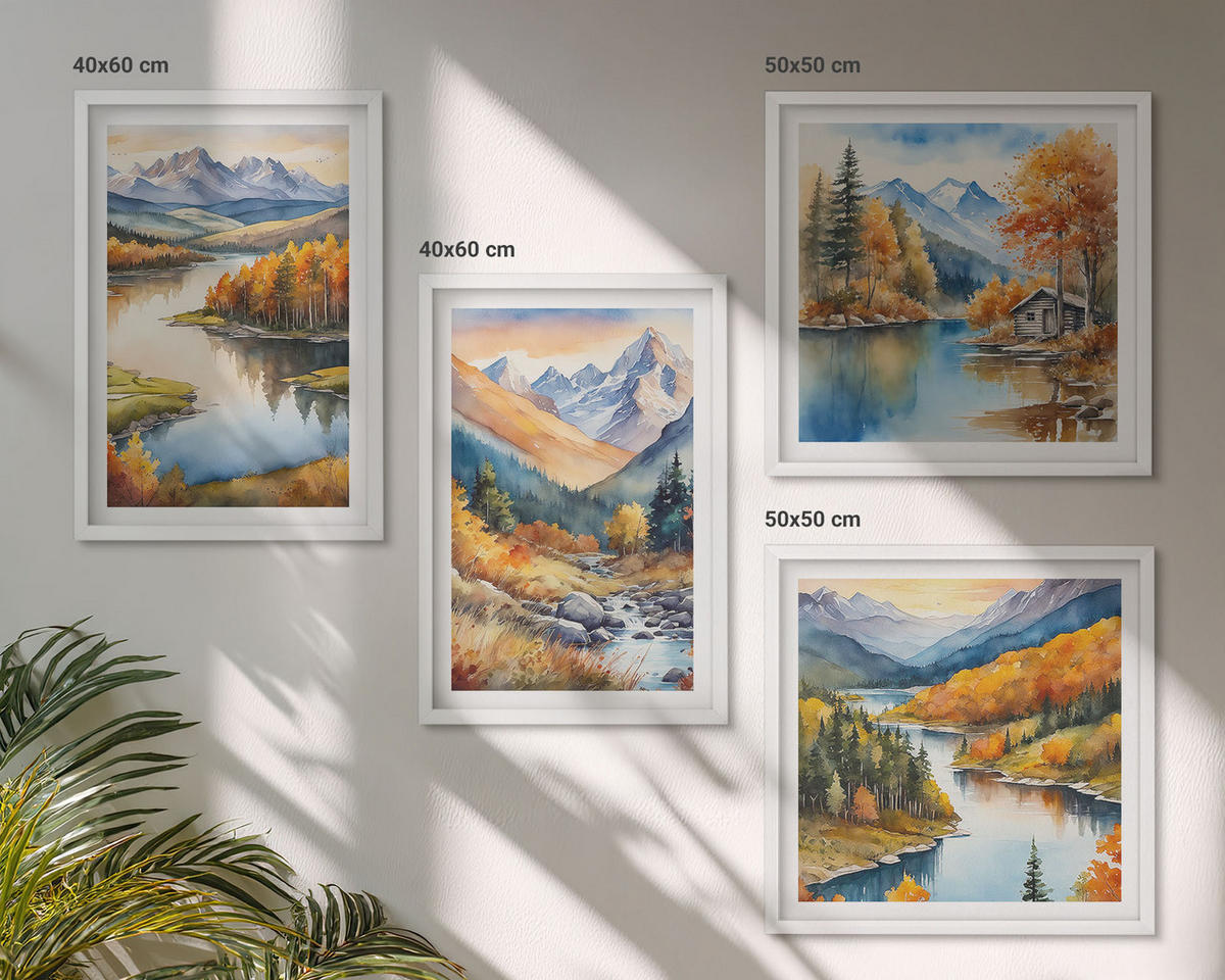 WANDBILDER 4er-Set - 50x50 cm & 40x60 cm Weißer Rahmen - Bergblick, Fluss, Herbst - Weiß, Kunststoff (50/50cm) - ArtPrintCave