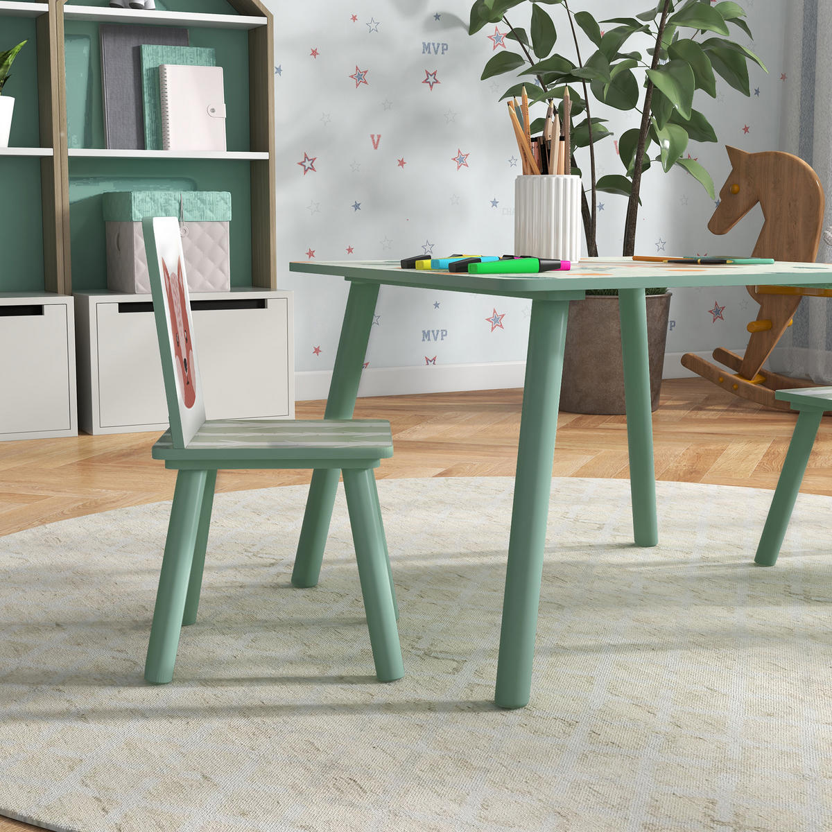 KINDER-SITZGRUPPE DE-10352 1 Tisch und 2 Stühle mit Tiermotiv Grün - Grün, Holzwerkstoff (60/44/60cm) - ComfortXL