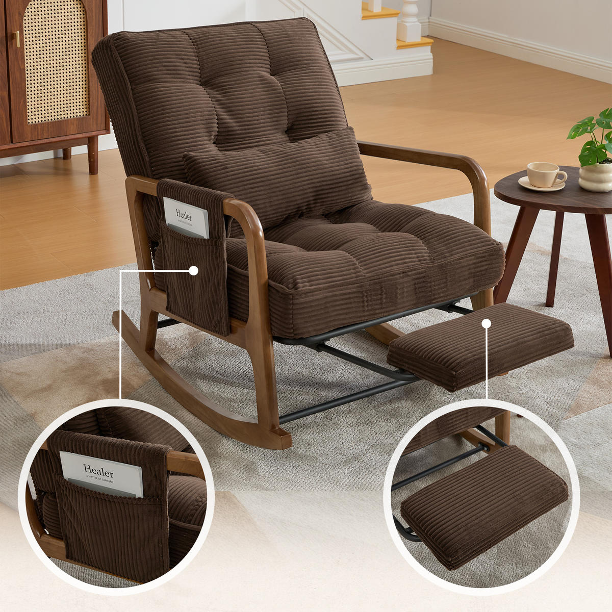 SCHAUKELSTUHL Relaxsessel mit Fußstütze,verstellbarer Rückenlehne,Cord,Braun - Braun, Textil (70/92/80cm) - LVHOM
