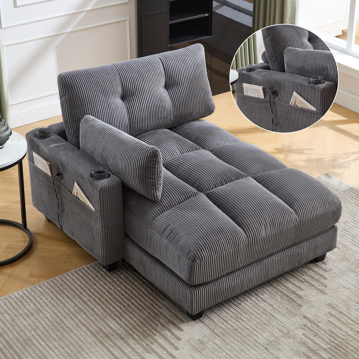 RÉCAMIERE 2-Sitzer Cord Grau mit USB, Getränkehaltern und Seitentasche - Grau, Holzwerkstoff/Kunststoff (140/81/121cm) - WISHDOR