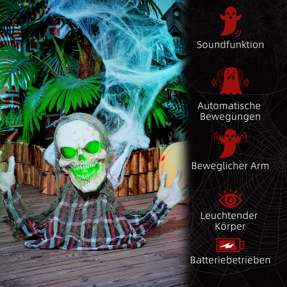HALLOWEEN DECORATIONS 70cm Skelett Halbkörper Figur, Soundfunktion - Dunkelgrau, Kunststoff/Metall (40/70/16cm) - HOMCOM