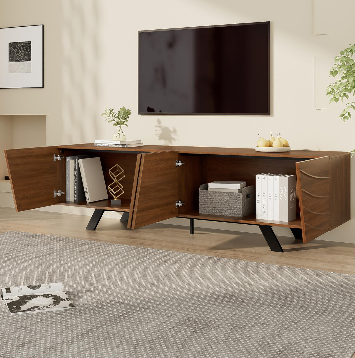 TV-SCHRANK in Walnuss-Look mit Wellenfront und Eisenbeinen 160/39/50.5 cm - Walnussfarben, Holzwerkstoff (160/50.5/39cm) - Redom