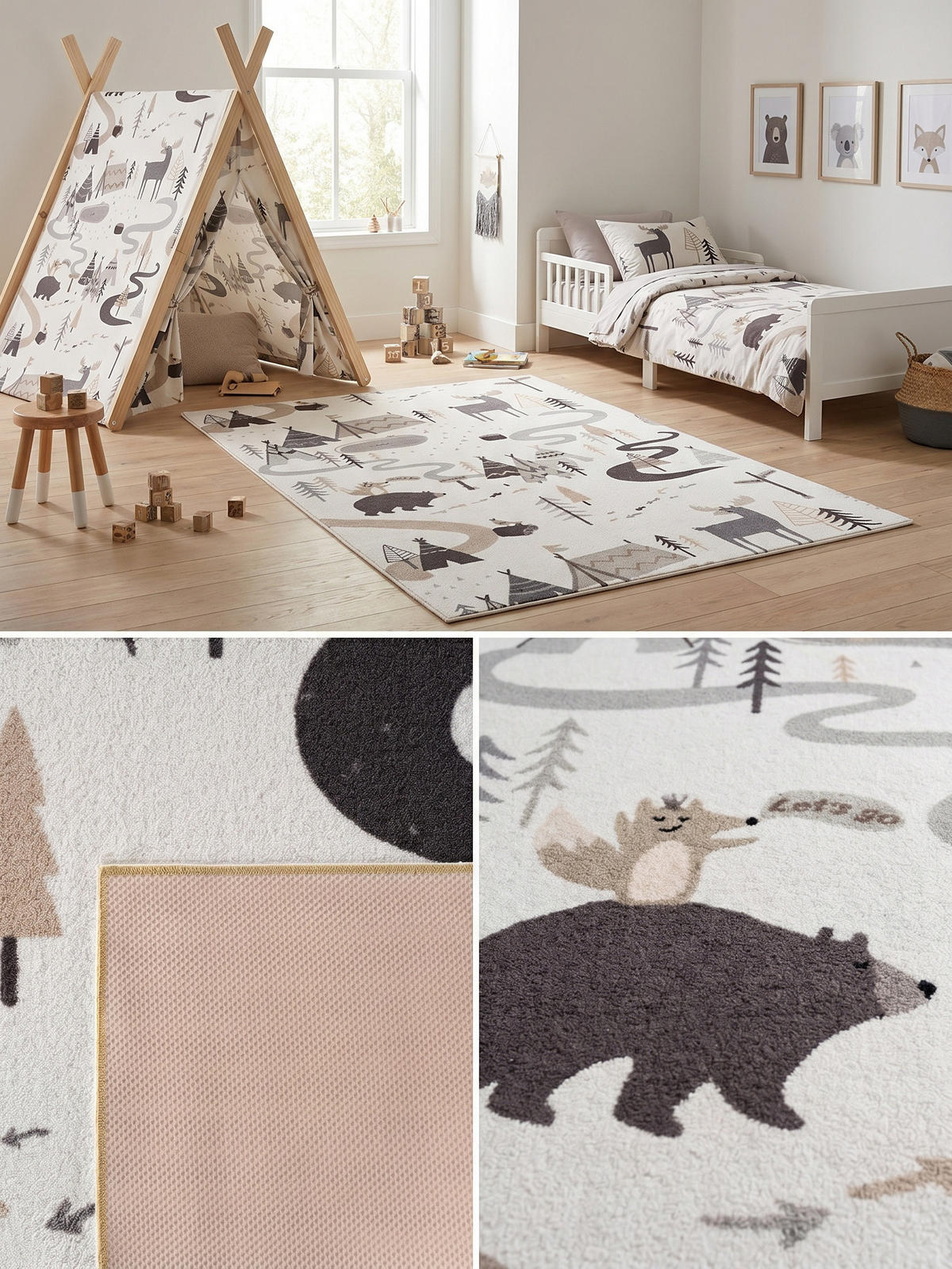 SPIELTEPPICH Waschbar TINO in Creme, mit Waldtier-Motiv, 140 x 200 cm - Beige, Textil (200/140cm) - KADIMA DESIGN