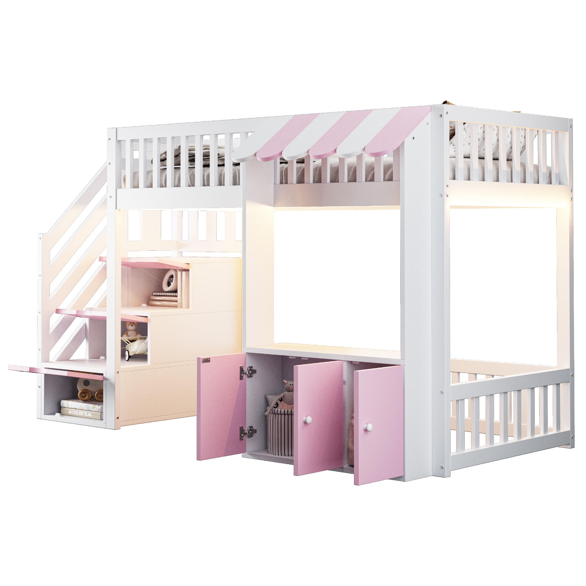 HOCHBETT 90/200 cm in Weiß & Rosa mit Stauraumtreppe, LED und Stauraum - Weiß/Rosa, Holz/Holzwerkstoff (90/200cm) - STILVORA