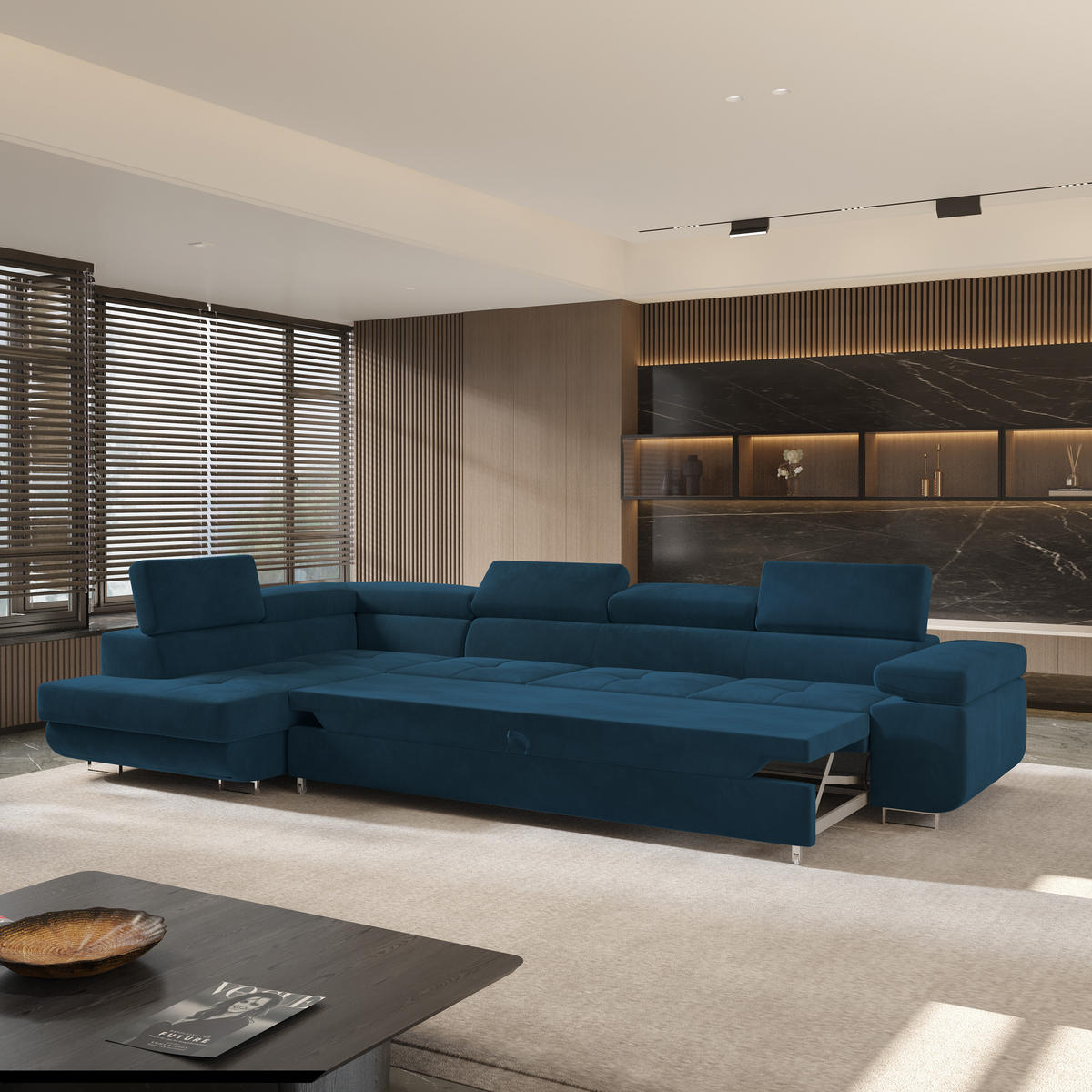 ECKSOFA VICENTE Blau Velours-Stoff mit Schlaffunktion - Blau, Holz (346/202cm) - MASSENO