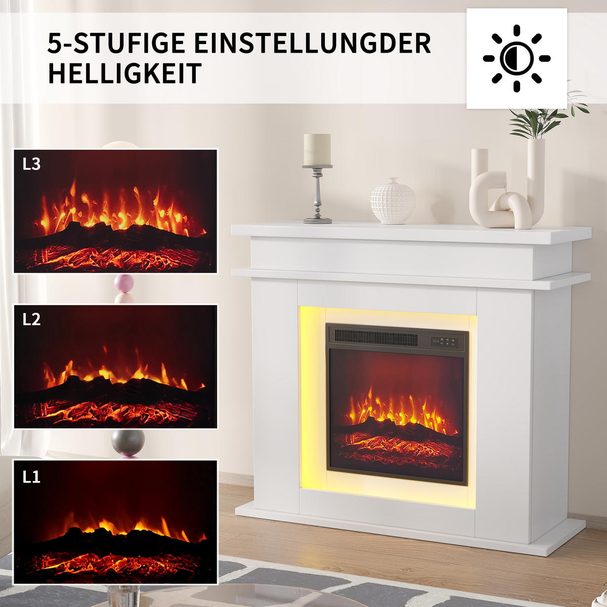 ELEKTROKAMIN freistehend 3D Flamme LED Dekokamin weiß - Weiß, Holz (34.5/88.8/101cm) - LEBENLANG