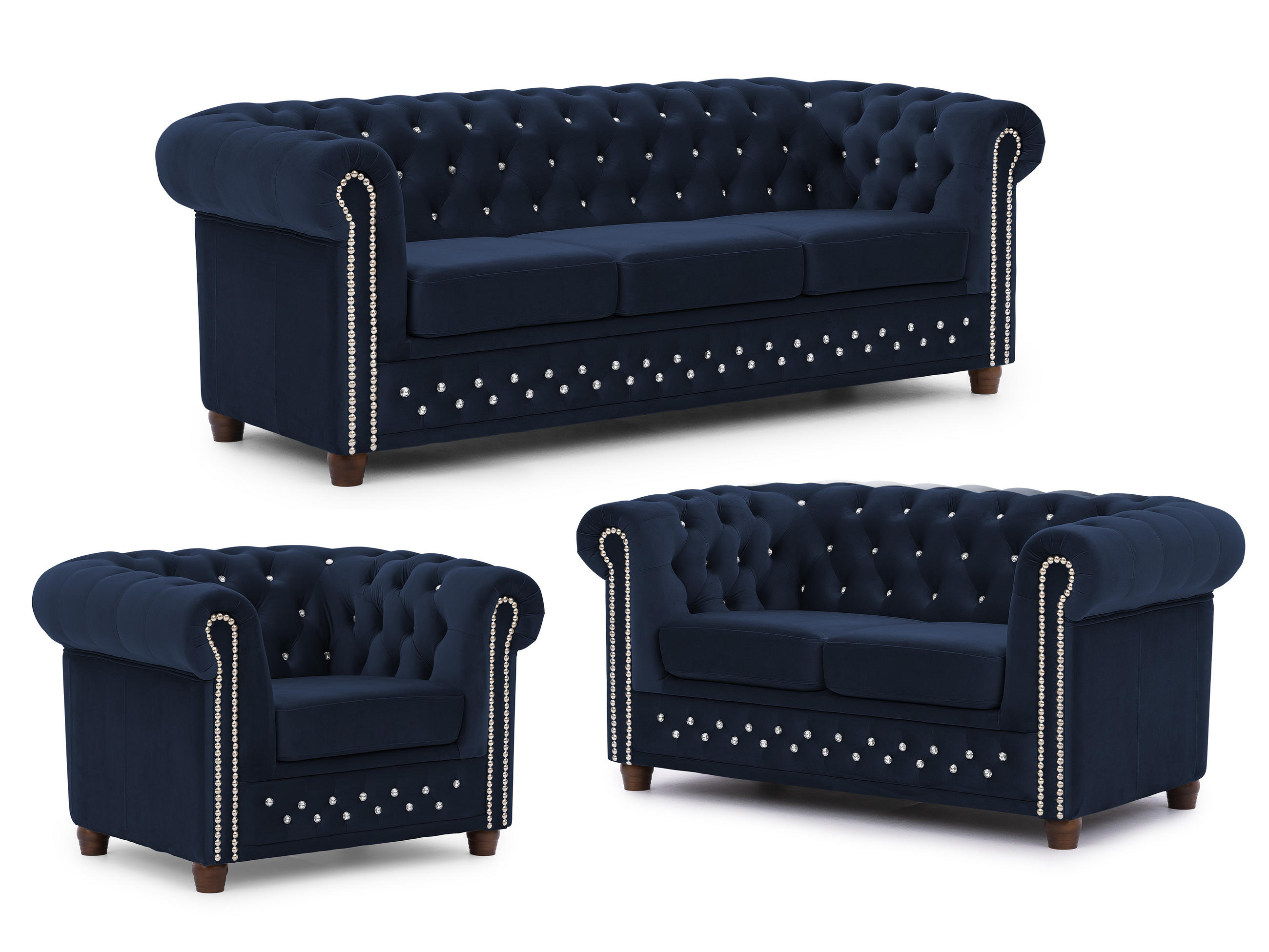 SITZGARNITUR 3+2+1 Chesterfield Cleo Blink Marineblau Samt mit Kristallsteppung und braunen Massivholzfüßen - Blau/Braun, Holz/Textil (203/72/86cm) - S-Style Möbel