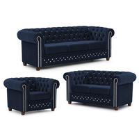 SITZGARNITUR 3+2+1 Chesterfield Cleo Blink Marineblau Samt mit Kristallsteppung und braunen Massivholzfüßen - Blau/Braun, Holz/Textil (203/72/86cm) - S-Style Möbel