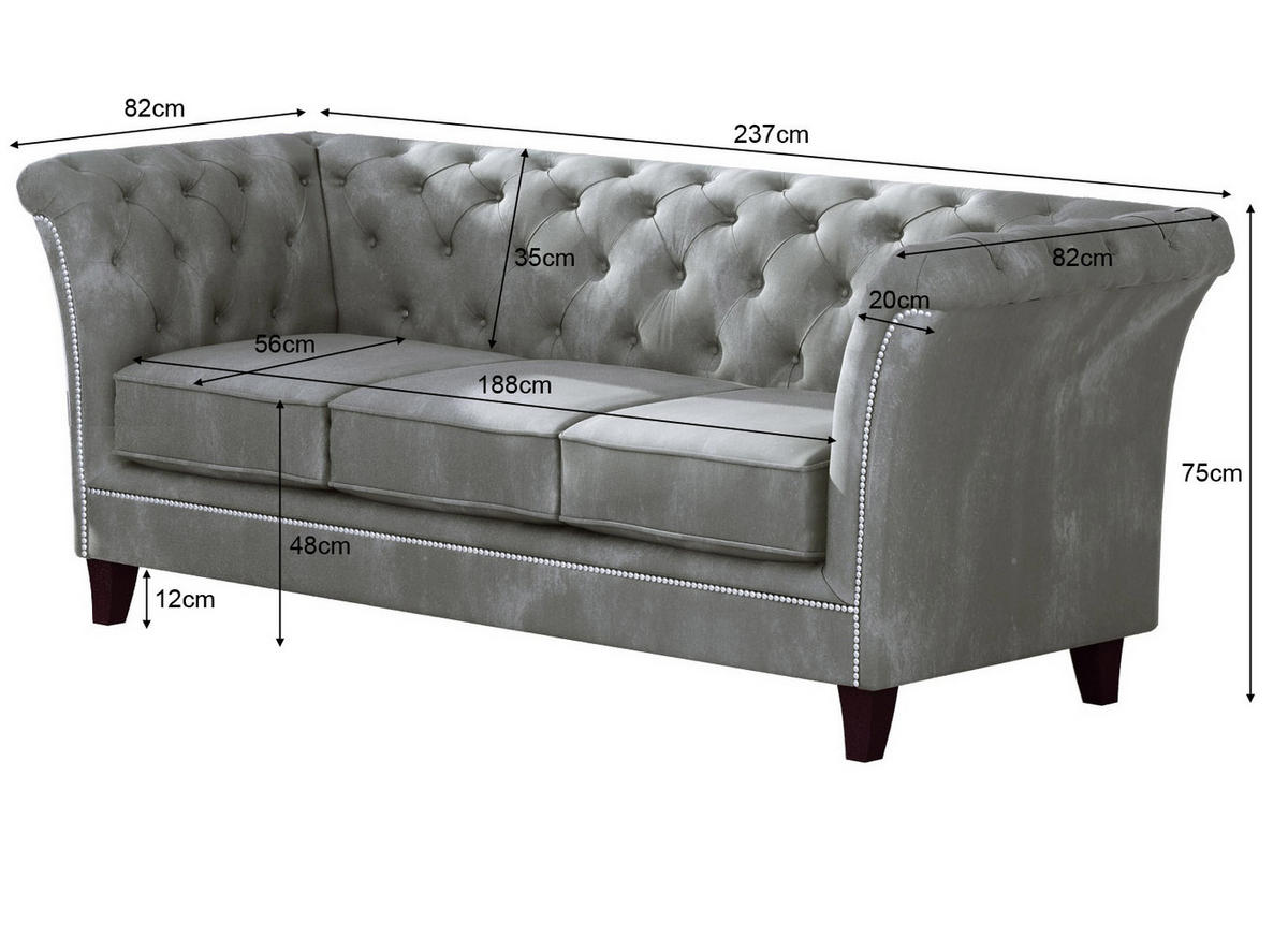 CHESTERFIELD-SOFA 3-Sitzer Fusion Grau Samt - Braun/Grau, Holz/Textil (237/75/82cm) - S-Style Möbel