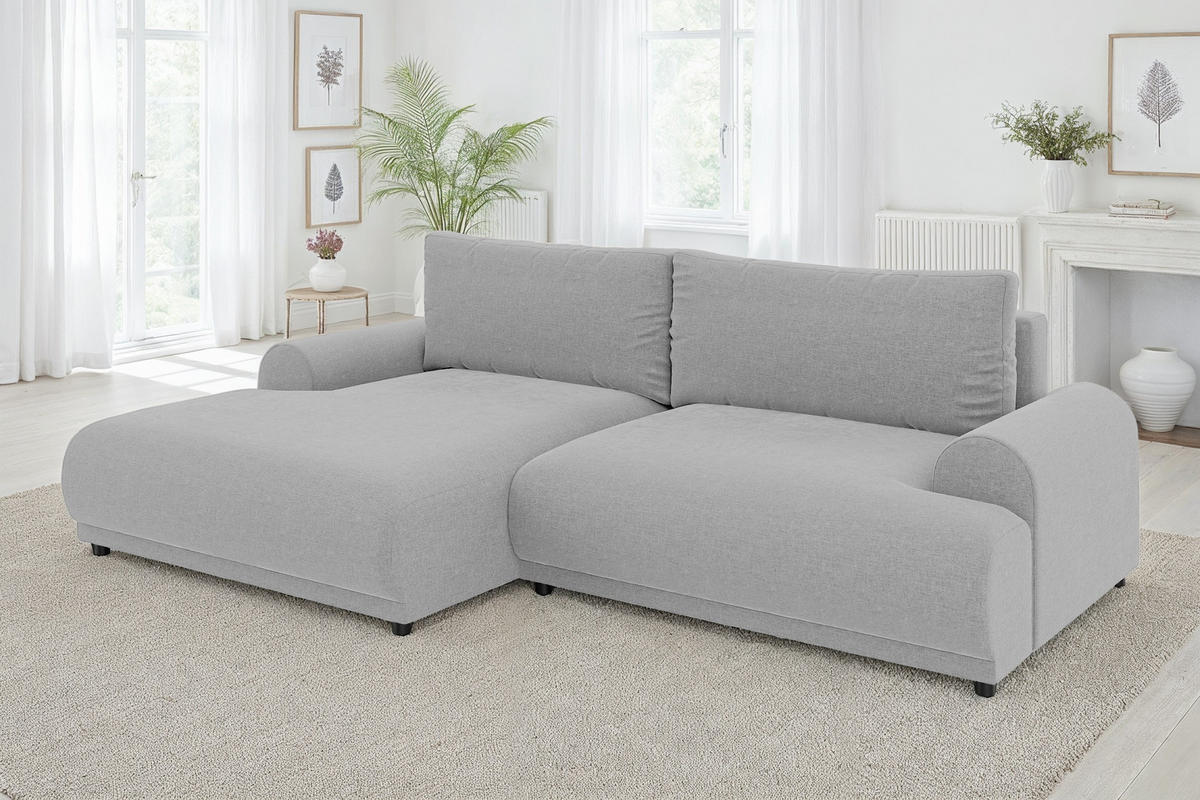 ECKSOFA mit Schlaffunktion, Bettkasten, extrabreite Ottomane links, abgerundete Armlehnen, B240/T145/H81 cm, Chenille Hellgrau / 21026 - Hellgrau/Schwarz, Kunststoff/Textil (240/145cm) - luma-home