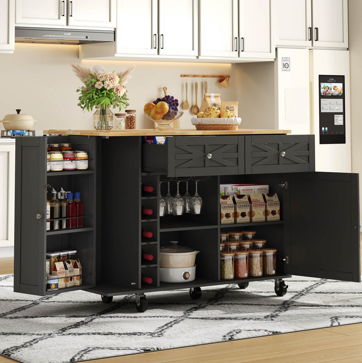 KÜCHENINSEL 120/45(70)/89 cm mit klappbarer Arbeitsplatte, Rollen und Stauraum aus MDF, Schwarz - Schwarz, Holzwerkstoff (120/89/70cm) - Redom