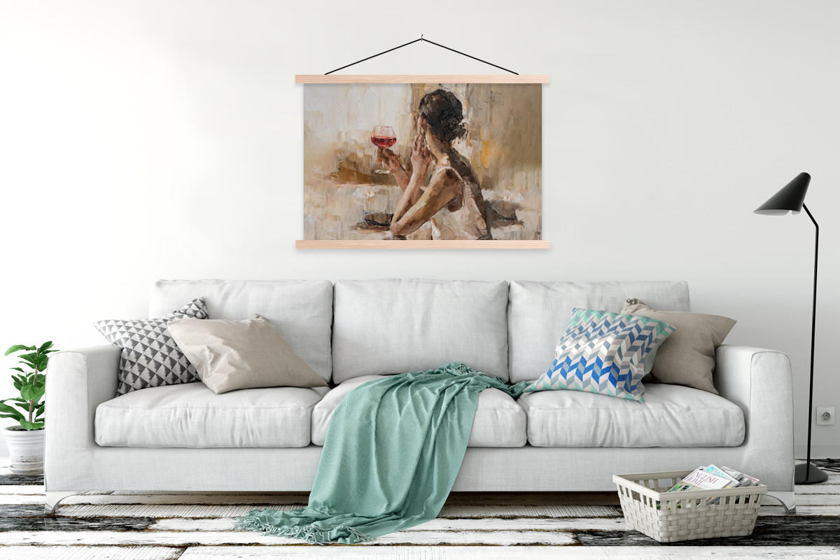 POSTER Ölgemälde - Frau - Wein 120x80 cm - Hellbraun, Textil (120/80/0.15cm) - MuchoWow