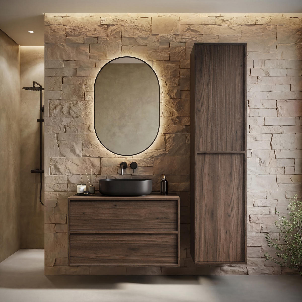 BADMÖBEL-SET Mali 80 cm Walnuss Braun - mit Hochschrank - 80 x 46 x 49 cm - Eichefarben, Holz (80/49/46cm) - Badplaats