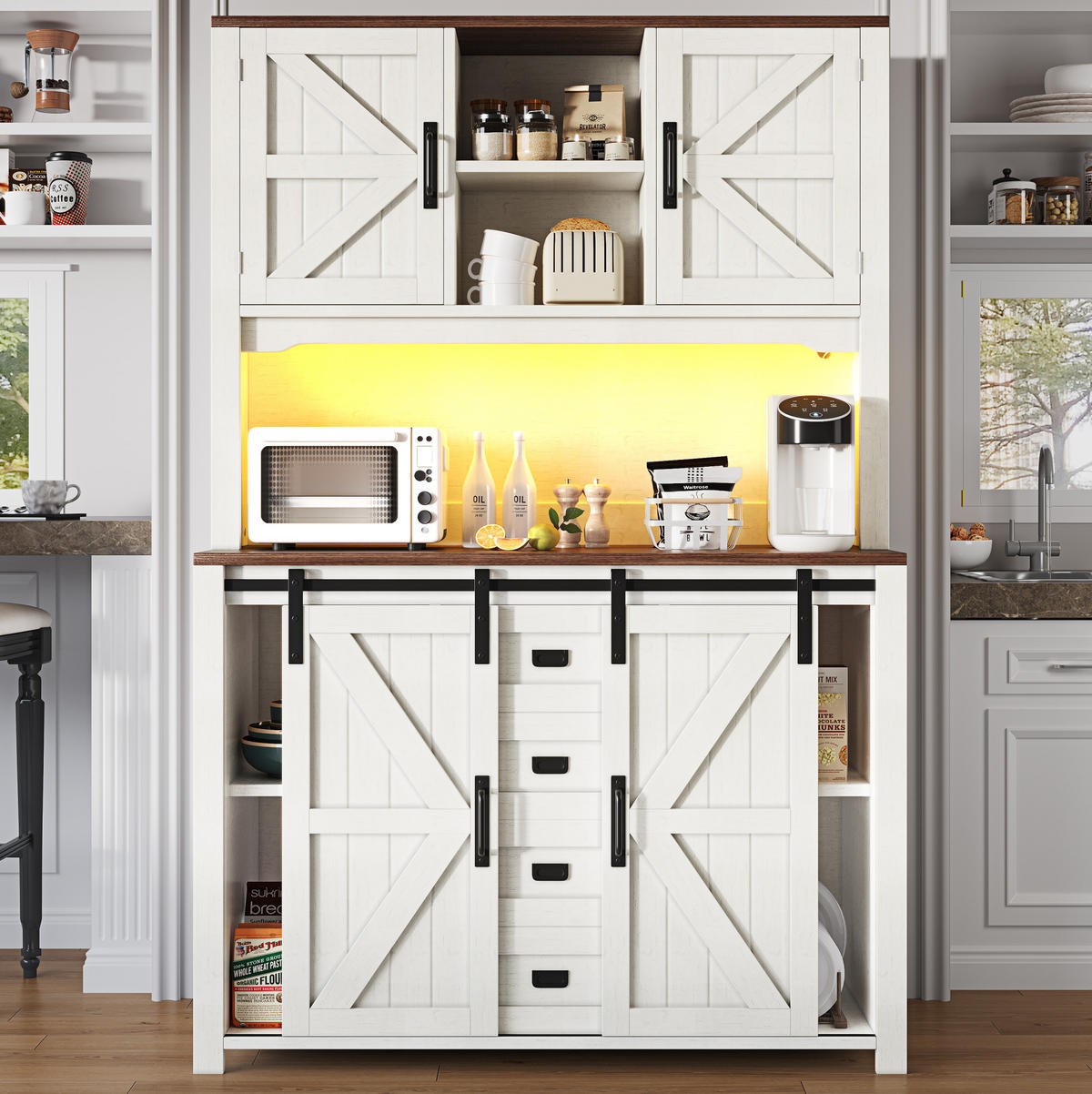 BUFFET 115/40/174,7 cm aus MDF und Metall mit LED-Beleuchtung Weiß - Weiß, Holzwerkstoff (115/174.7/40cm) - Modenvie