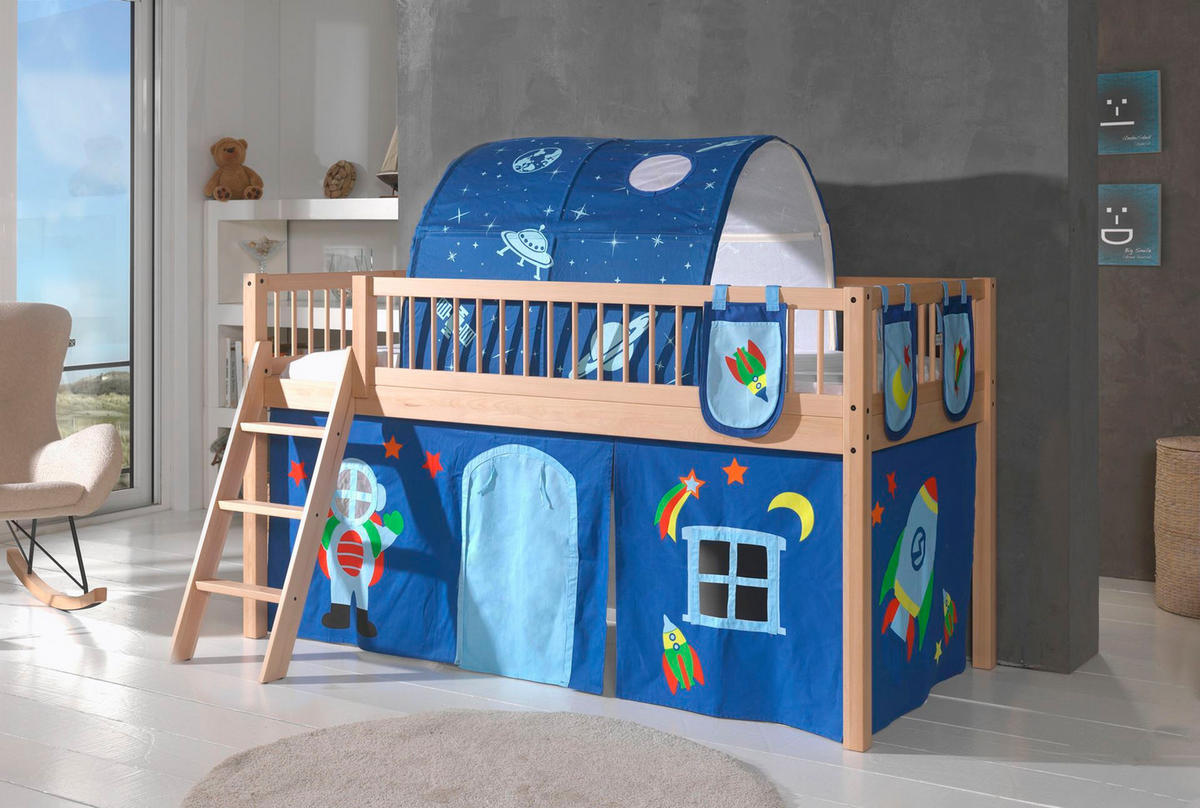 HALBHOHES BETT Kelci 90x200 Textilset Astro mit Tunnel Buche massiv - Buchefarben, Holz (90/200cm) - 58aufmkessel