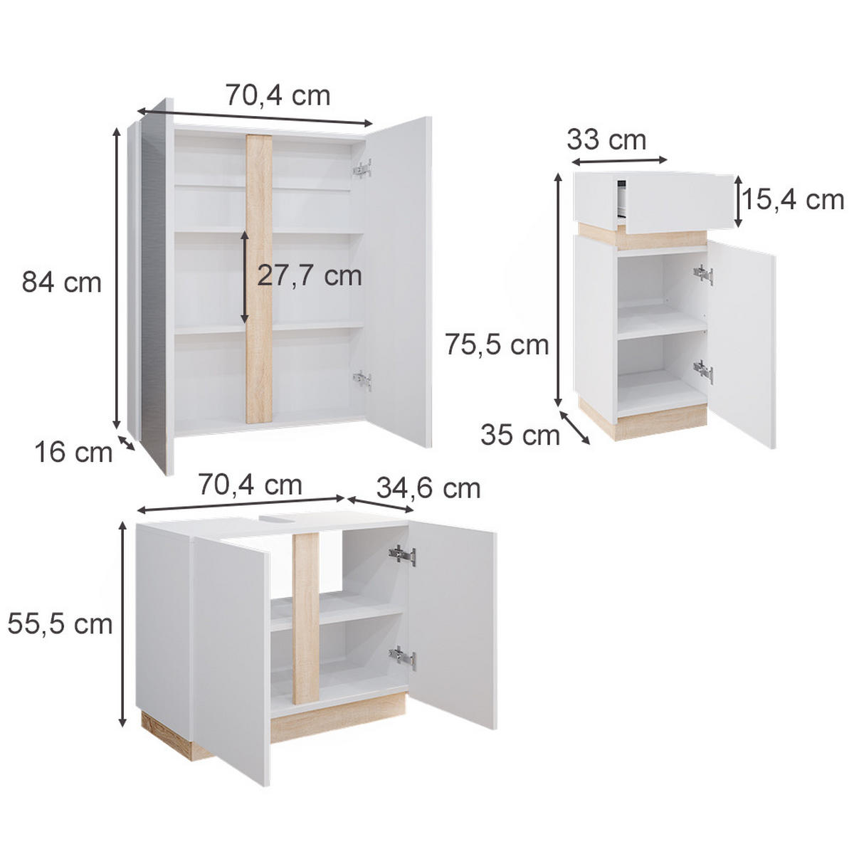 BADMÖBEL-SET Gloria Weiß 3 Teile, mit Midischrank - Weiß/Sonoma Eiche, Holzwerkstoff (70/55/34cm) - Vicco