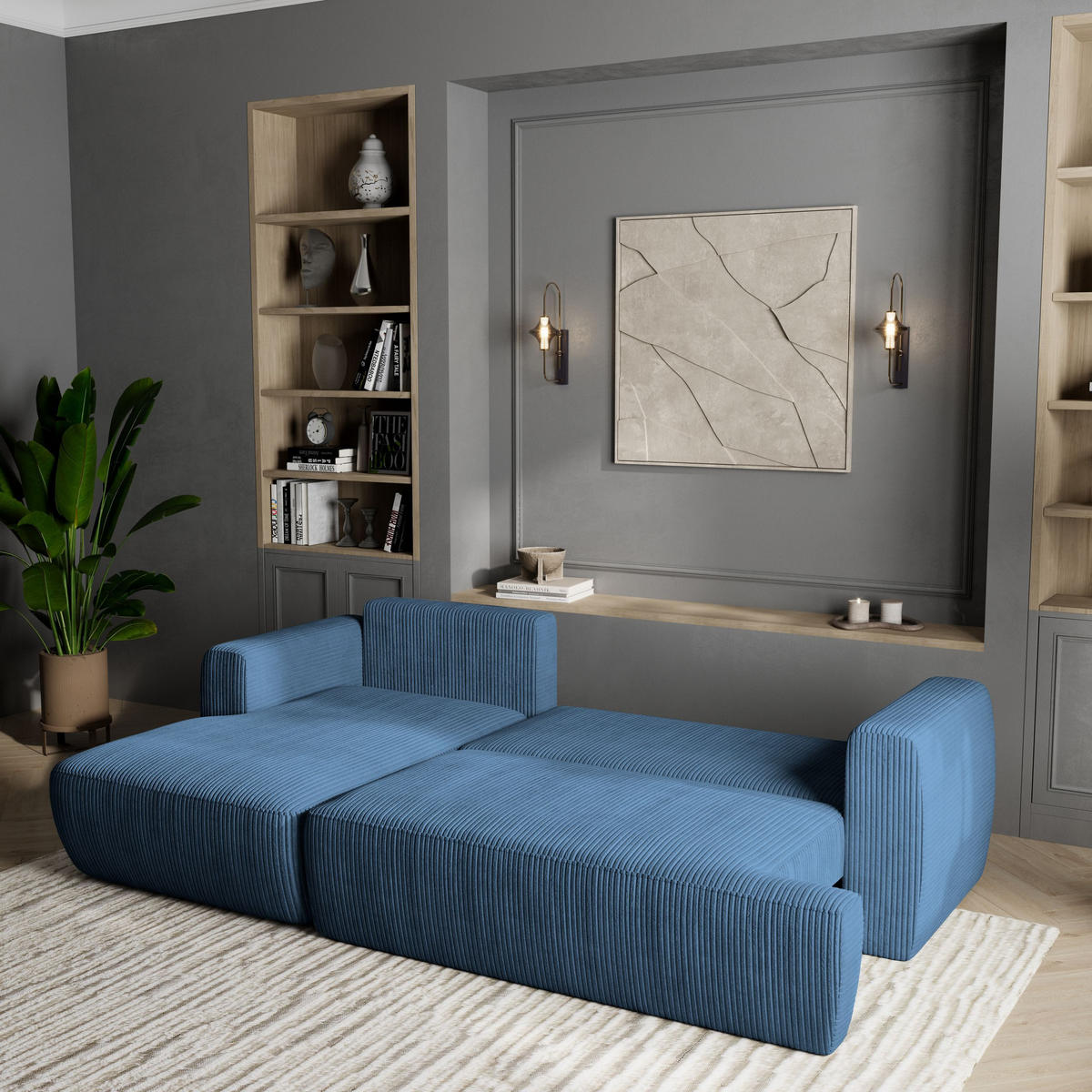 ECKSOFA SENTI P L-S Blau Kordstoff mit Schlaffunktion - Blau, Holz (246/148cm) - MASSENO