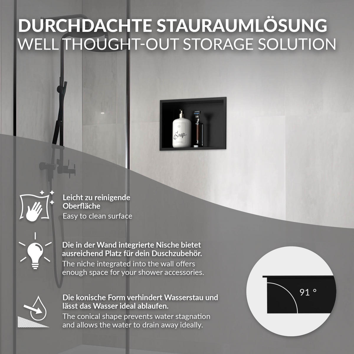 DUSCHNISCHE Schwarz 30/20 cm - Schwarz, Metall (30/20/10cm) - LuxeBath