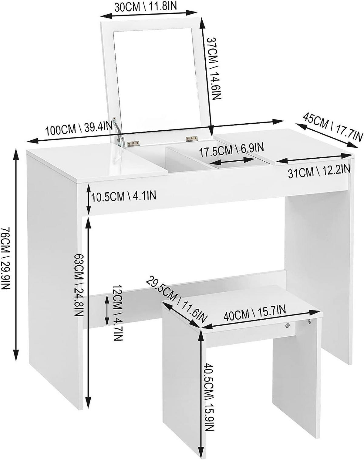 SCHMINKTISCH mit Hocker und klappbar Spiegel, Weiß - Weiß, Holzwerkstoff (100/76/45cm) - Woltu
