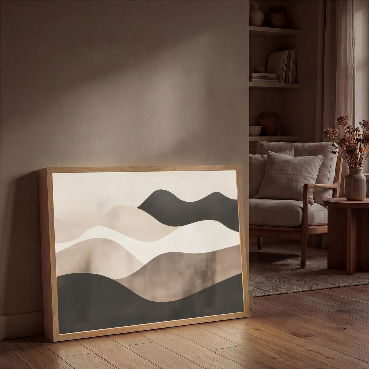 NÁSTĚNNÁ LAMPA S AKUMULÁTOREM Abstraktní - Krajina - Vlny - Krémová barva 90x60 cm - šedohnědá, kompozitní dřevo (90/60/8cm) - OnlyWow