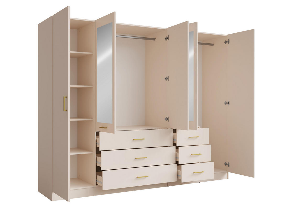 KLEIDERSCHRANK KERONA 21 - 250×200,5×58 cm mit 3 Spiegeln, 5 Türen & 6 Schubladen Wüstensand - Sandfarben, Holz/Holzwerkstoff (250/200.5/58cm) - Milaros Markt