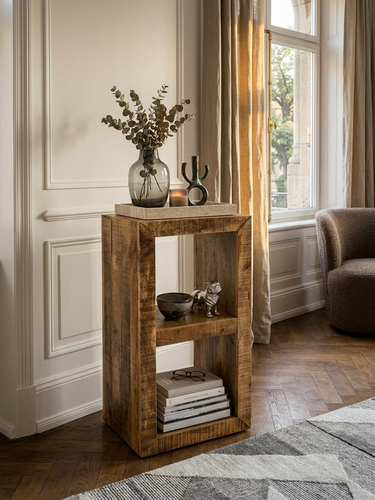 REGAL Massivholz Mango Cubeform Vintage EWA, Beige 45x35x90 cm - Beige, Holz (45/90/35cm) - KADIMA DESIGN