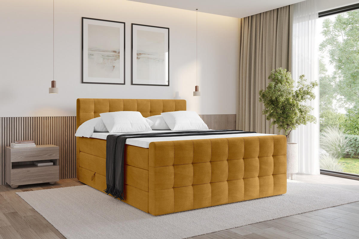BOXSPRINGOVÁ POSTEL s matrací H3/H4 - IGAN-Z KING - 160x200 cm Hořčicová - kari žlutá, kompozitní dřevo (163/200cm) - ALTDECOR
