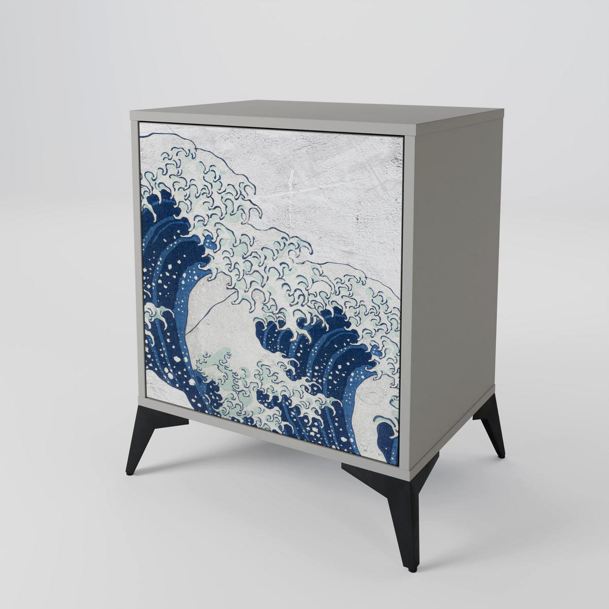 SIDEBOARD THE GREAT WAVE AT KANAGAWA, Grau, 57,5x42x75,5 cm, Goldfarbene Metallfüße - Goldfarben/Multicolor, Holzwerkstoff/Metall (57.5/75.5/42cm) - SpaceRebels