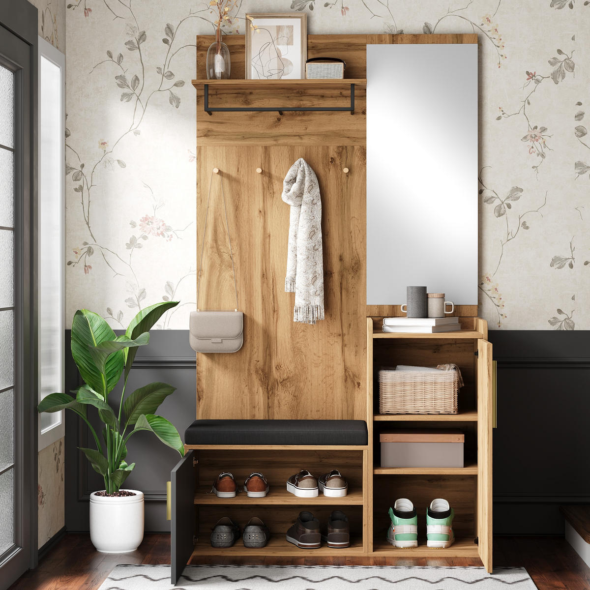GARDEROBENSET Spiegel Sitzbank Schuhschrank - Naturfarben, Holzwerkstoff (100/185/38cm) - Fortuna Lai