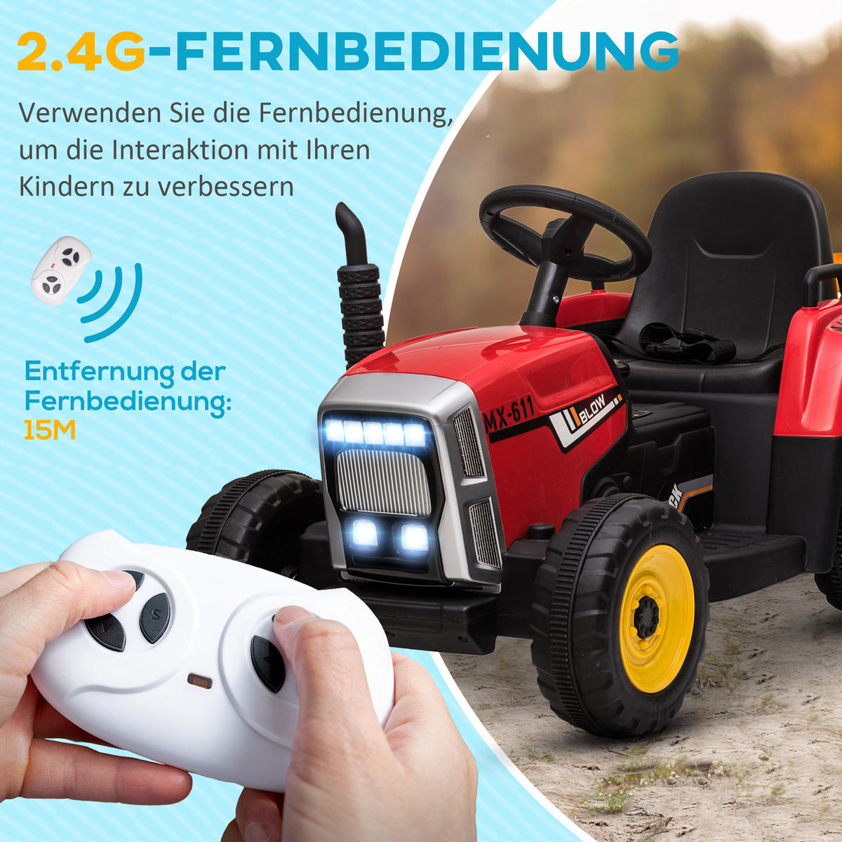 ELEKTRISCHER Traktor Kinder Aufsitztraktor mit MP3 Funktion, 3-6KM/H, Rot - Rot, Metall (136.5/50/52.5cm) - HOMCOM