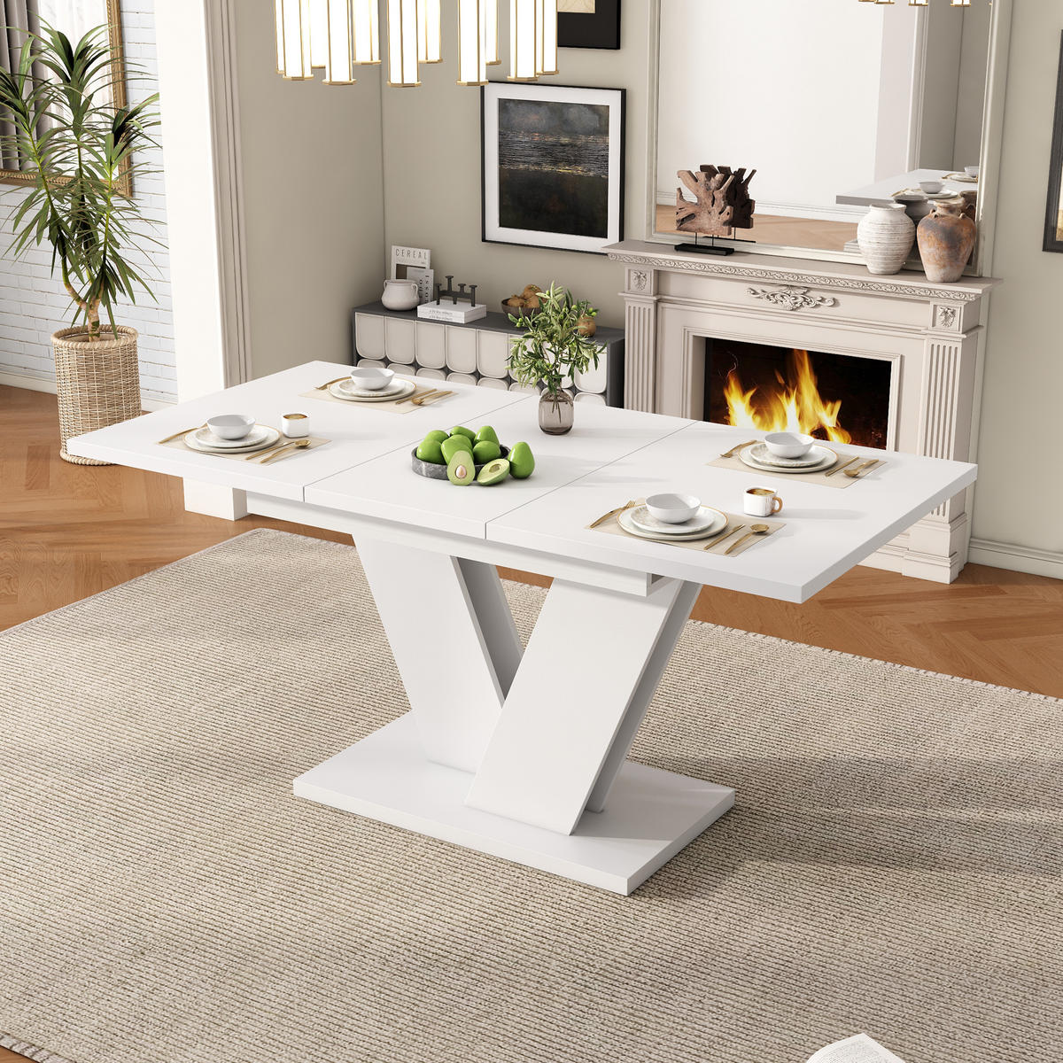 AUSZIEHTISCH 120/80 cm in Weiß mit V-Metallgestell, ausziehbar für 4–8 Personen - Weiß, Holzwerkstoff (160/80/75cm) - BEAOK