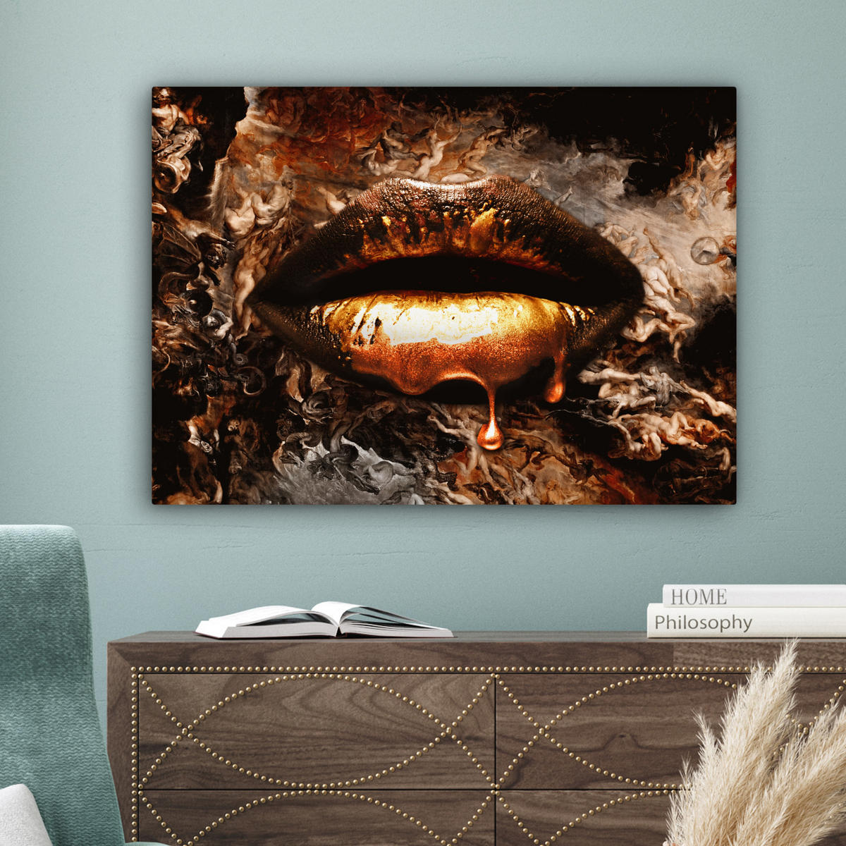 LEINWANDBILD Gold - Lippen - Kunst - Gold - Luxus - Abstrakt Wandbilder 80x60 cm - Bronzefarben, Textil (80/60cm) - MuchoWow