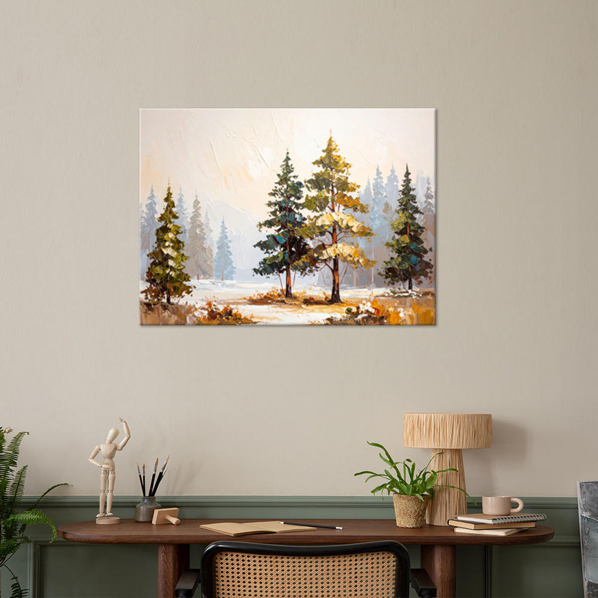 LEINWANDBILD Wald Bäume Kiefern Landschaft imitierte Farbe 100x70cm - Grau, Textil (100/70cm) - Feeby