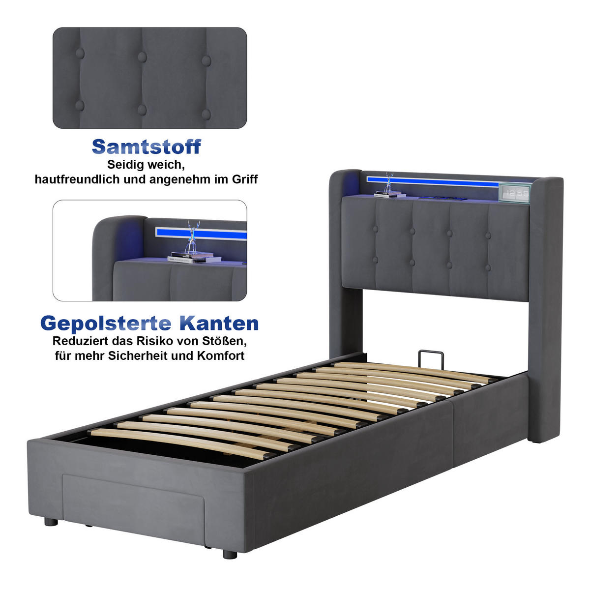 POLSTERBETT 90/200 cm in Grau, Samt, mit Bettkasten, USB, LED, Stauraum und Schubladen, ohne Matratze - Grau, Holzwerkstoff/Textil (90/200cm) - WISHDOR