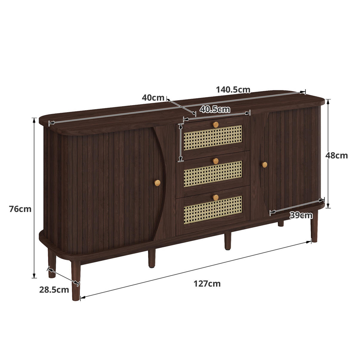 SIDEBOARD Walnuss Optik mit Rattan Schubladen und Schiebetüren - Walnussfarben, Naturmaterialien/Holzwerkstoff (140.5/73/40cm) - Urban Meuble