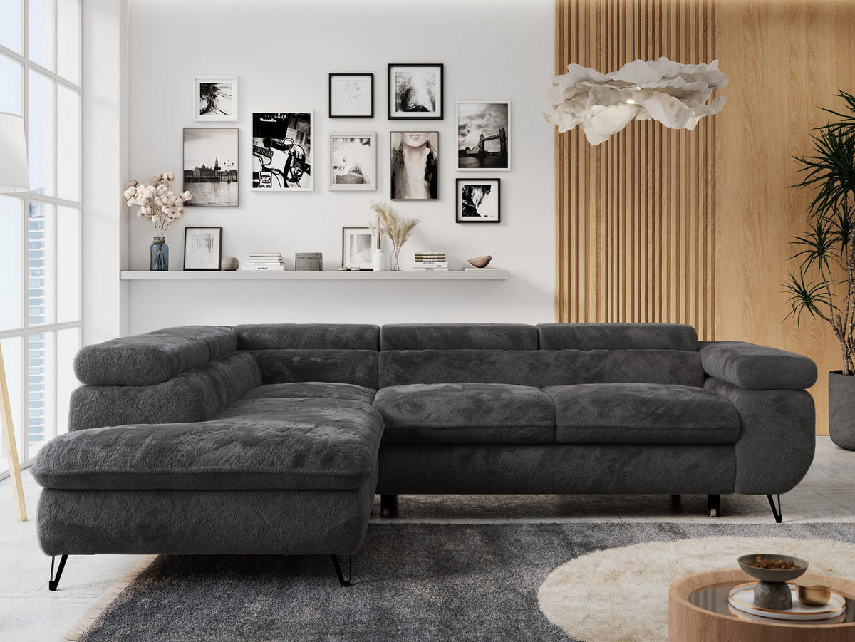 ECKSOFA PETER L Anthrazit Plüsch - Links Seite - Anthrazit/Schwarz, Textil/Metall (208/273cm) - MKS