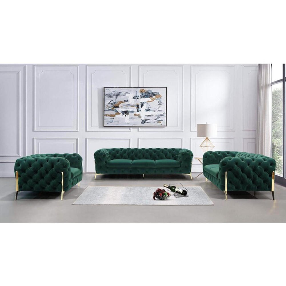 SITZGARNITUR 3+2+1 Chesterfield Lexi Flasche Grün Samt - Smaragdgrün/Goldfarben, Holz/Textil (243/75/100cm) - S-Style Möbel