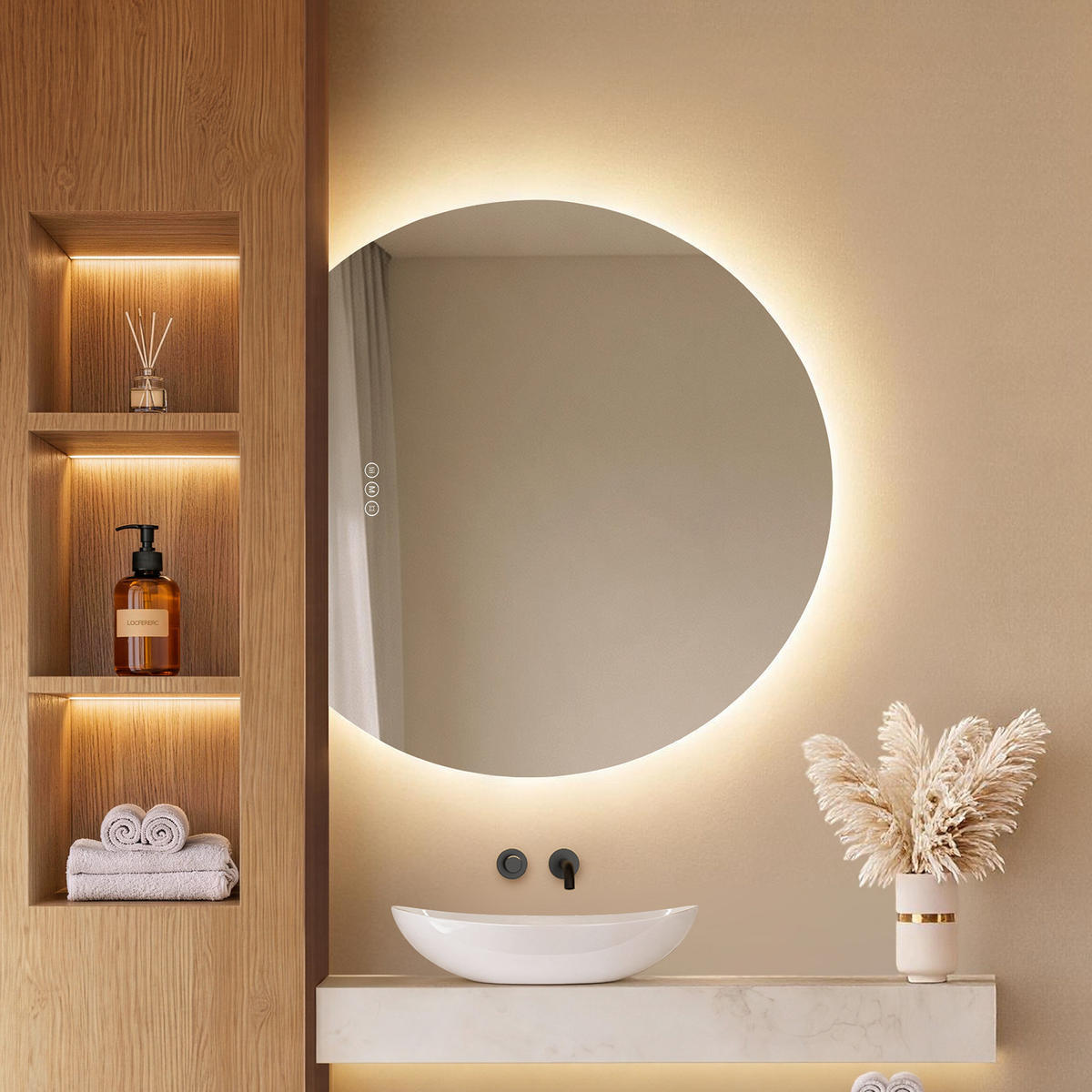 BADSPIEGEL LED 90 x 73 cm mit 3 Lichtfarben, Antibeschlagfunktion und Touch-Schalter - Transparent, Glas (90/73/2.5cm) - EMKE
