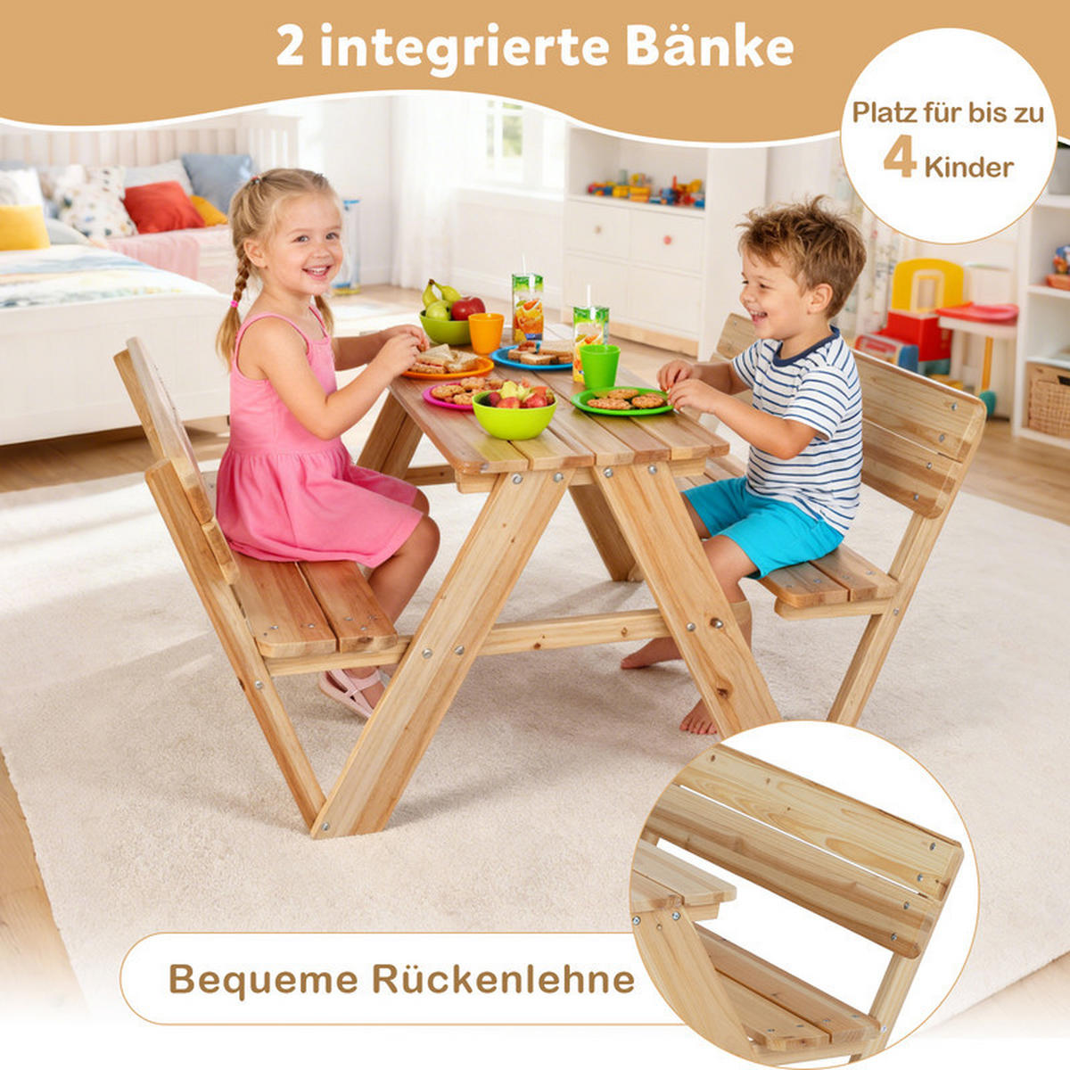 KINDERGARTENTISCH mit Sitzbänken natur - Naturfarben, Holz - COSTWAY