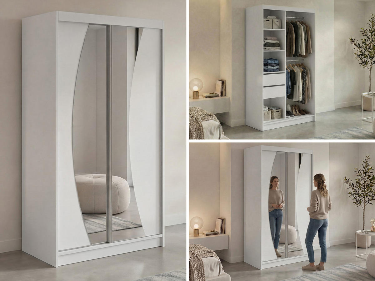 SCHWEBETÜRENSCHRANK mit Schubladen 120 - VERONA - Weiß mit Spiegel - Alufarben/Weiß, Holzwerkstoff/Metall (120/216/61cm) - MKS