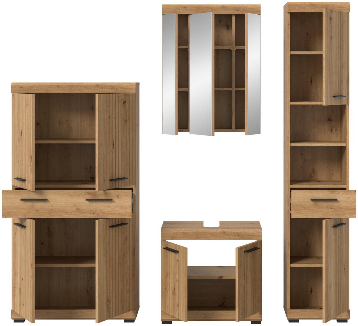 BADMÖBEL-SET Eiche Artisan 4-teilig 200 x 191 cm, Badkombination in modernem Design - Schwarz/Eiche Artisan, Glas/Holzwerkstoff (201/191/34cm) - Inn.Furn