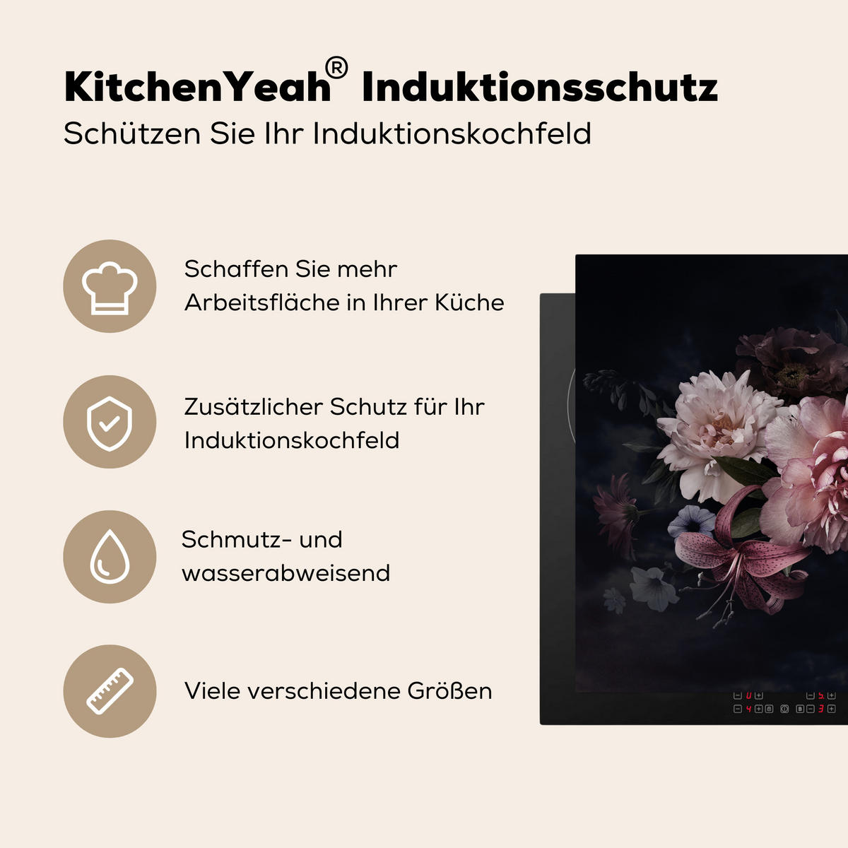 HERDABDECKPLATTE Blumen - Vintage - Pastell - Rosa - Weiß 71x52 cm - Altrosa, Kunststoff (71/0.2/52cm) - MuchoWow