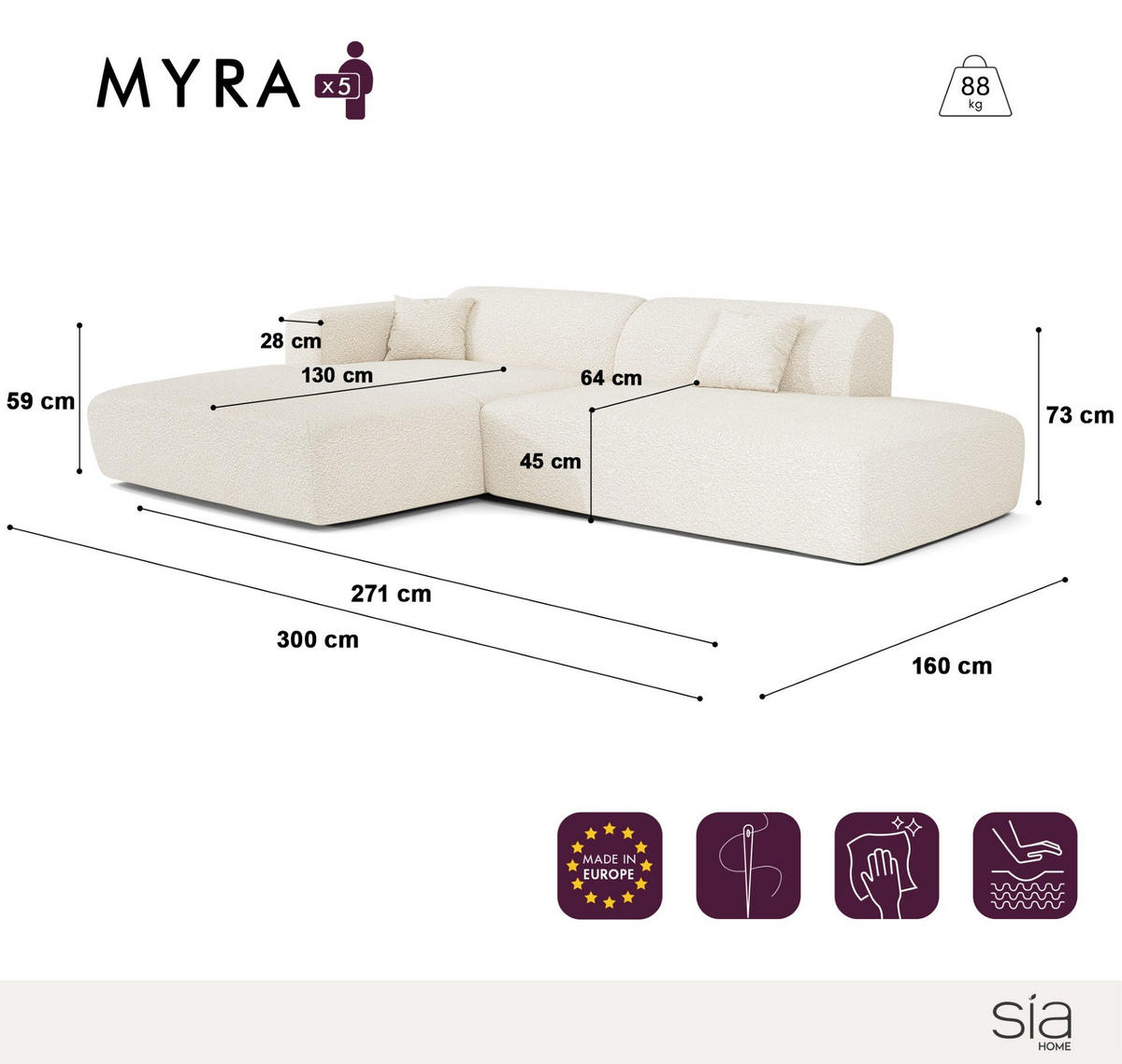 ECKSOFA LINKS Gerippter Samt Creme 310cm - Creme, Textil (300/96cm) - Sia Home