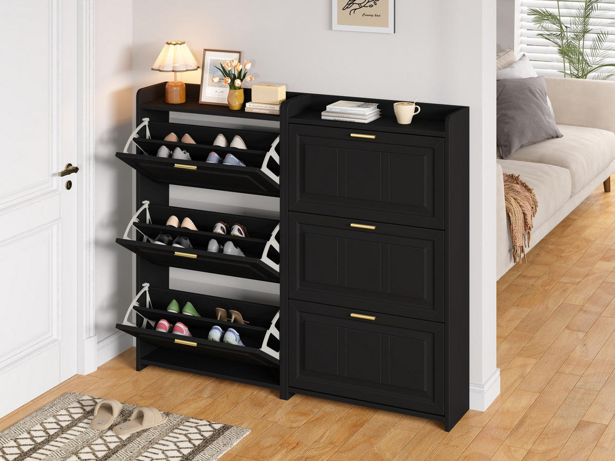 SCHUHSCHRANK 70/24/120 cm im 2er-Set mit Klapptüren und verstecktem Stauraum, Schwarz - Schwarz, Holzwerkstoff (70/120/24cm) - Redom