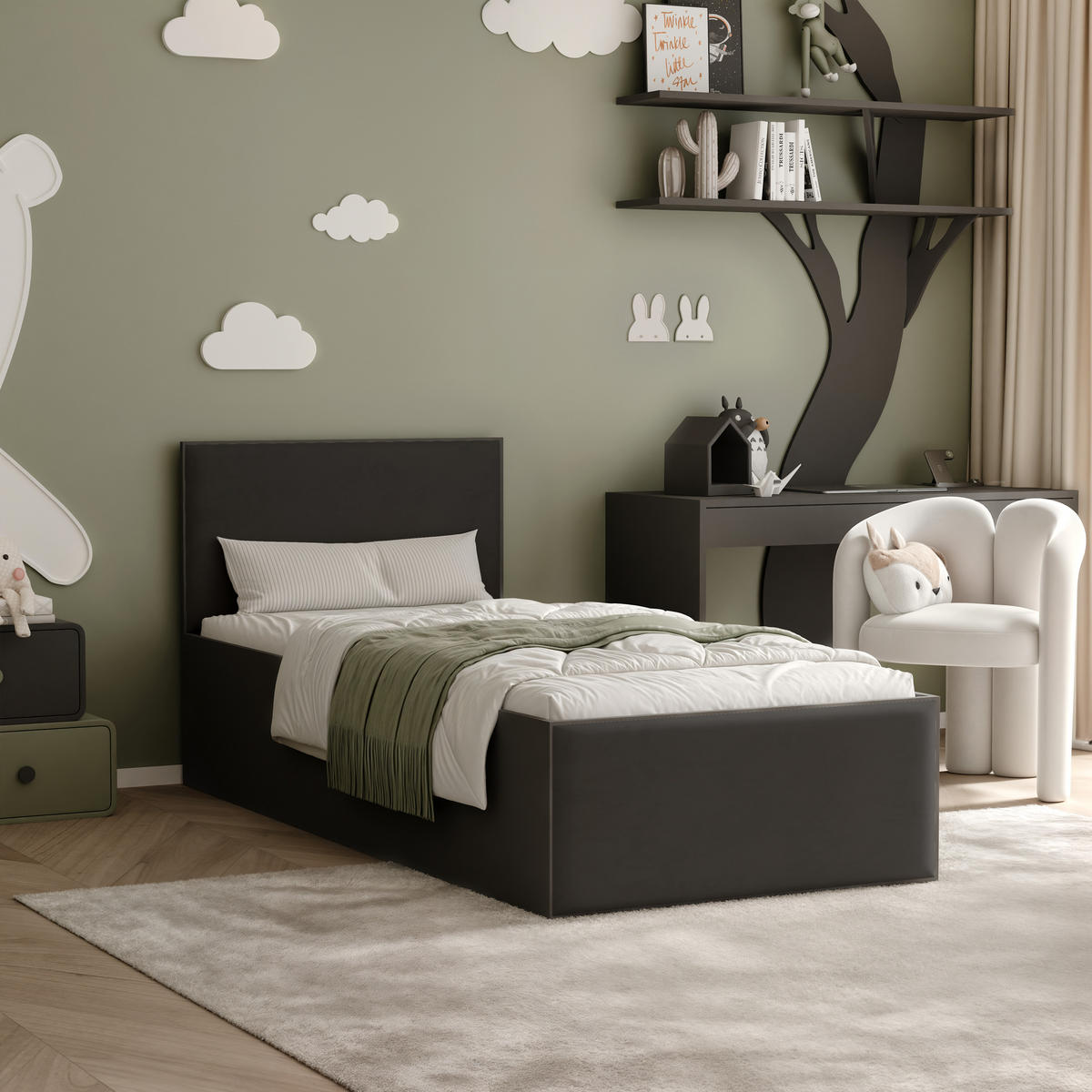 POLSTERBETT SASHI 90/200 cm Bettkasten, ohne Matratze, Schwarz / Schwarz - Schwarz, Holz/Holzwerkstoff (90/200cm) - Idohome