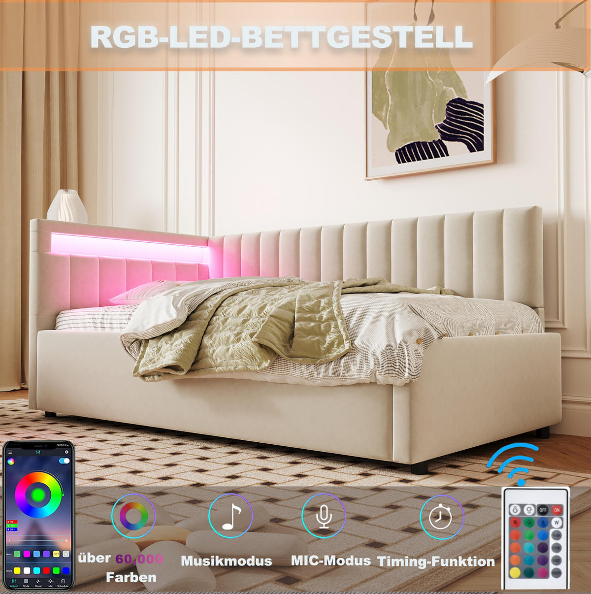 POLSTERBETT Schlafsofa 90/200 cm Beige aus Samt mit LED-Beleuchtung und Stauraum - Beige, Textil (90/200cm) - OKMYHOME